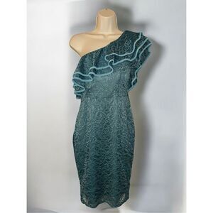 Haute Monde Womens One Shoulder Lace Bodycon Cocktail Dress Teal Size Medium